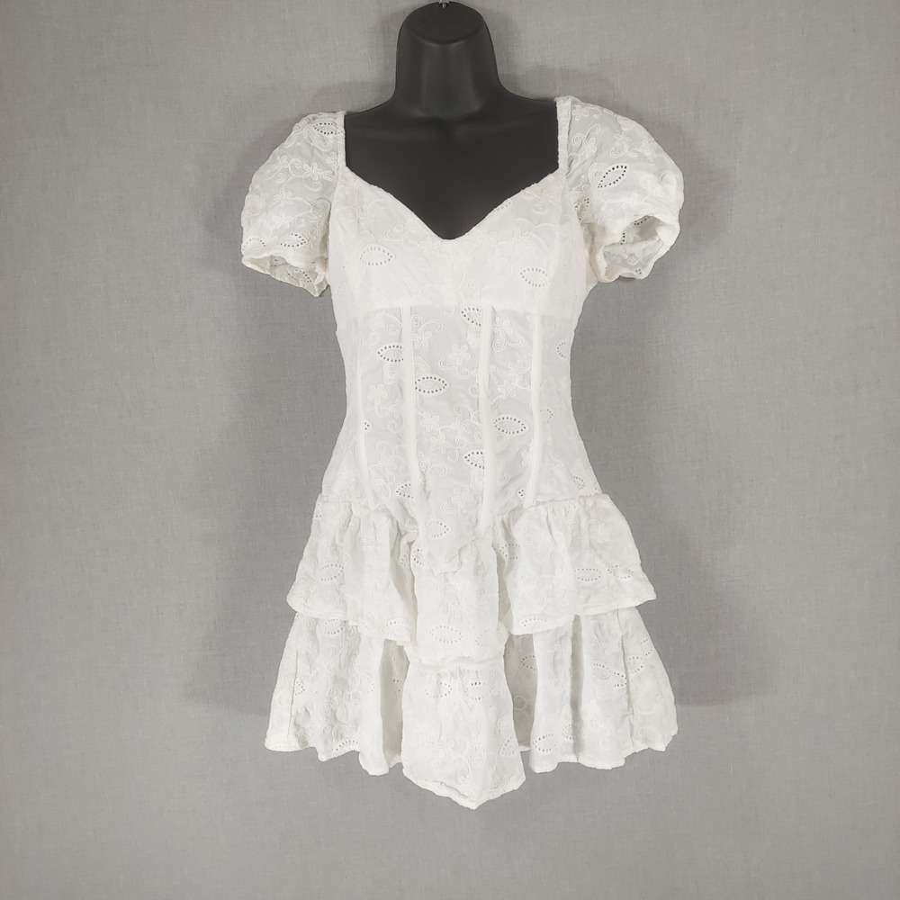 Bardot Milkmaid Eyelet Dress L White Corset Coquette Cottagecore Puff Sleeve